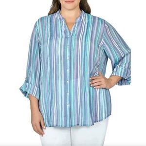 NWT Ruby Rd Plus Size 3X Woven Button Front Stripe Print Casual Blouse